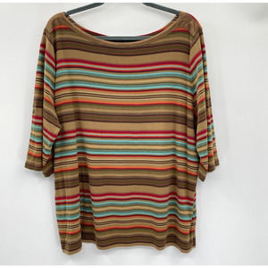 Lauren Ralph Lauren Boat Neck Striped Knit Top Size 3X Brown Neutral Suede Trim
